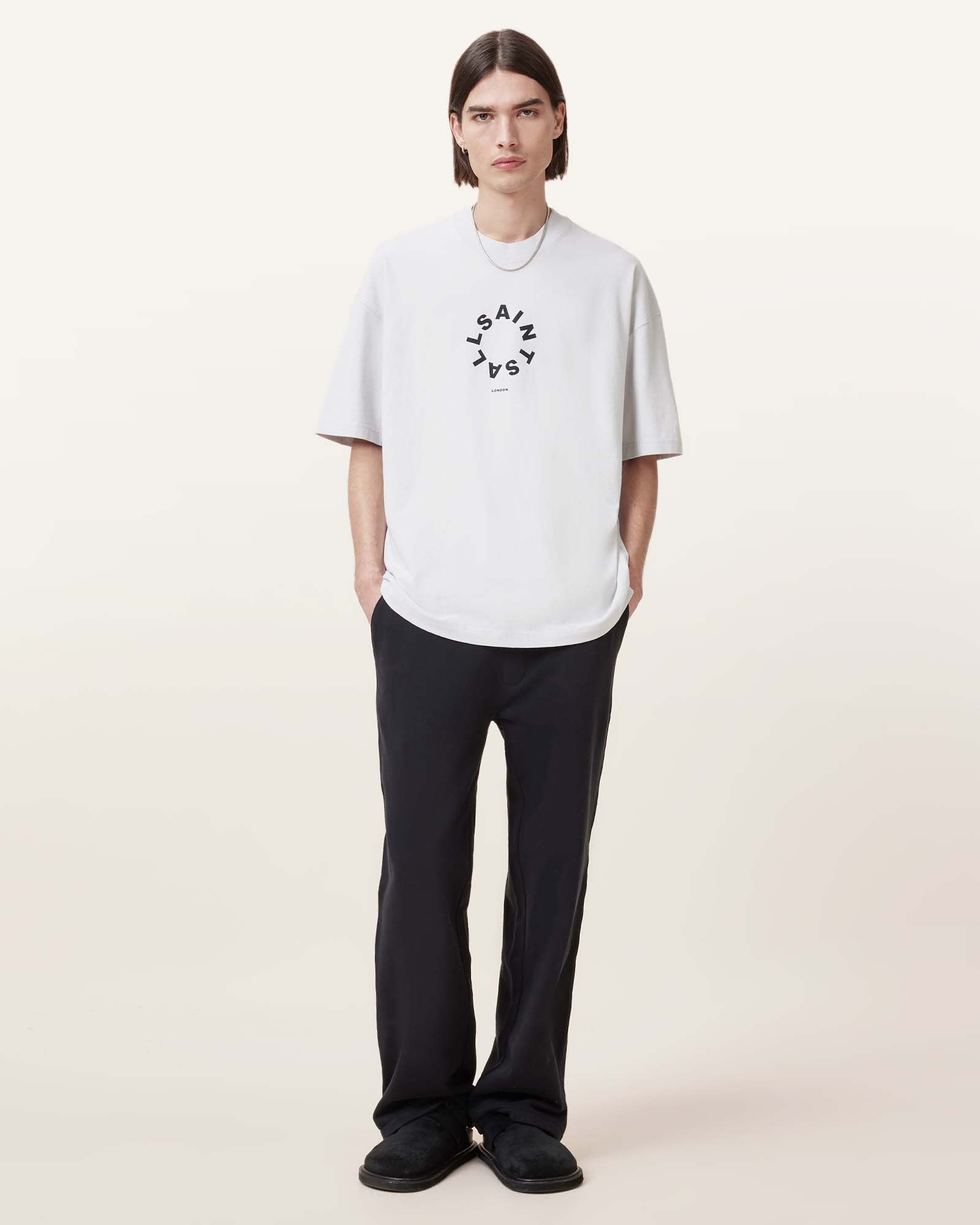 All Saints Tierra Oversized Crew Neck Logo T-Shirt Cool Grey