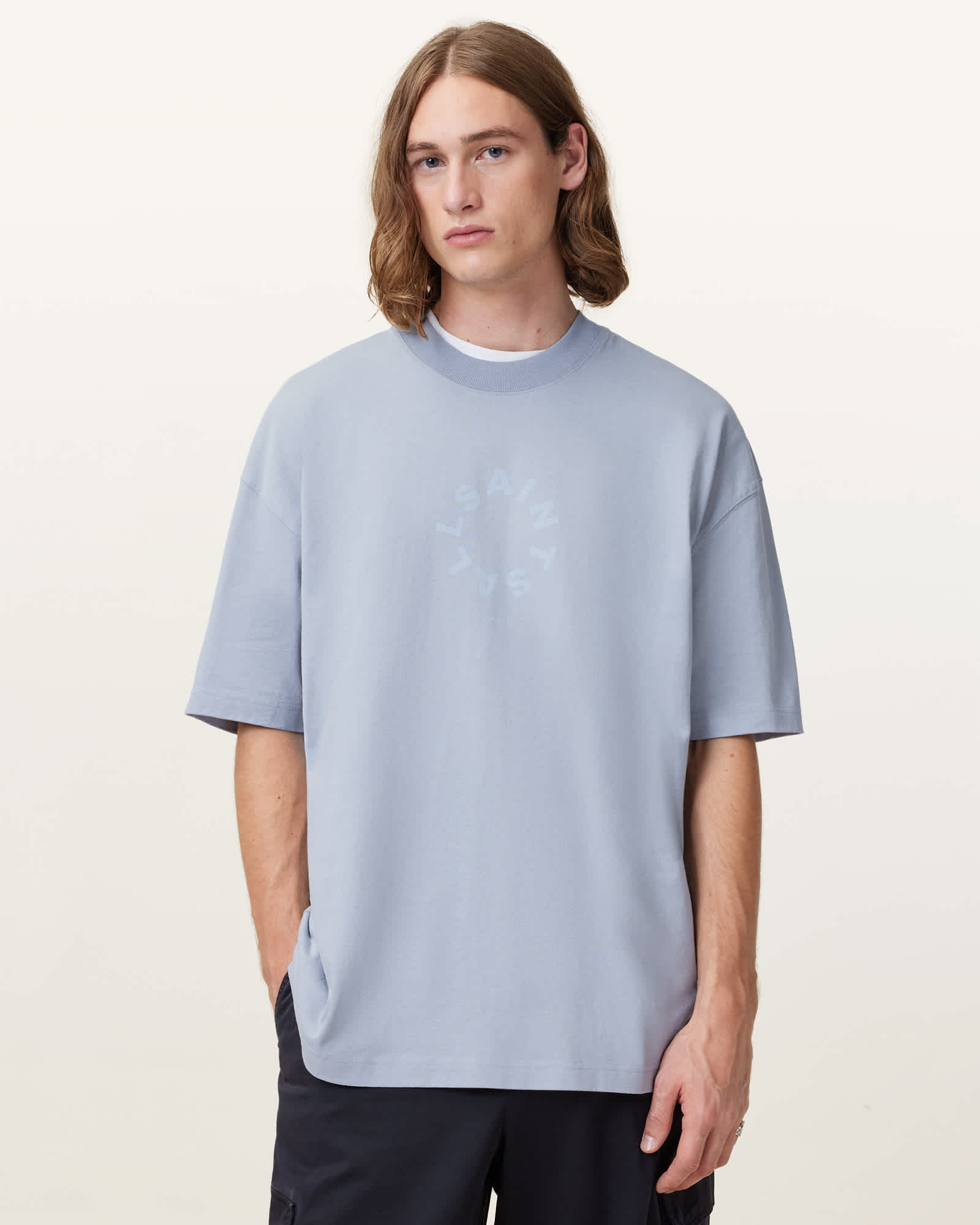 All Saints Tierra Oversized Crew Neck Logo T-Shirt Willow Blue