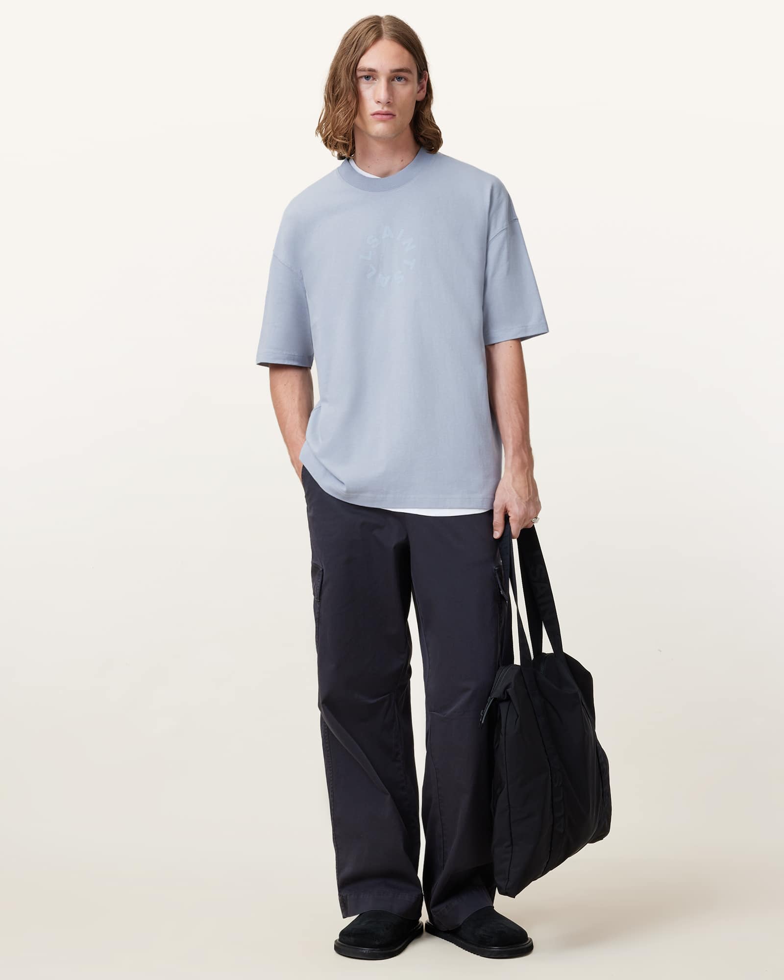 All Saints Tierra Oversized Crew Neck Logo T-Shirt Willow Blue