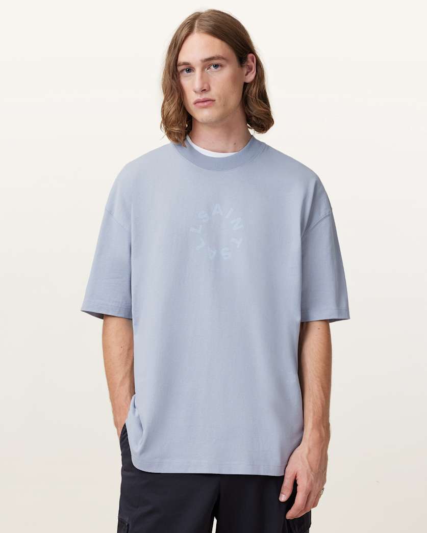 all saints Tierra Oversized Crew Neck Logo T-Shirt Willow Blue