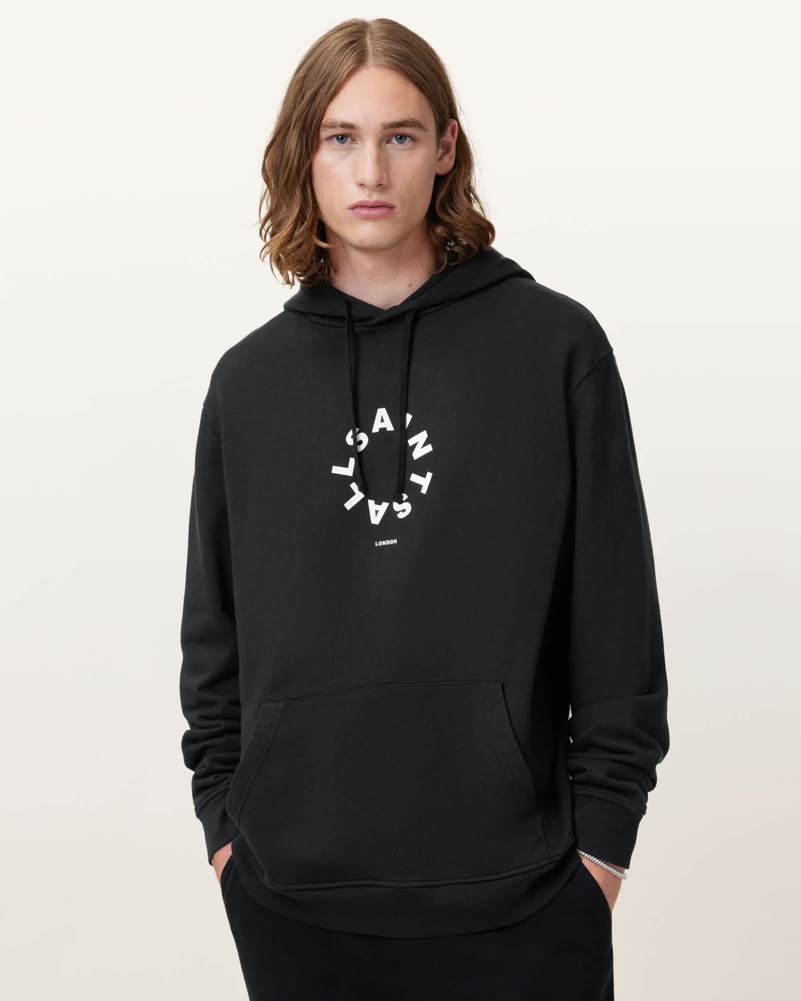 All Saints Tierra Pullover Circle Logo Hoodie Jet Black
