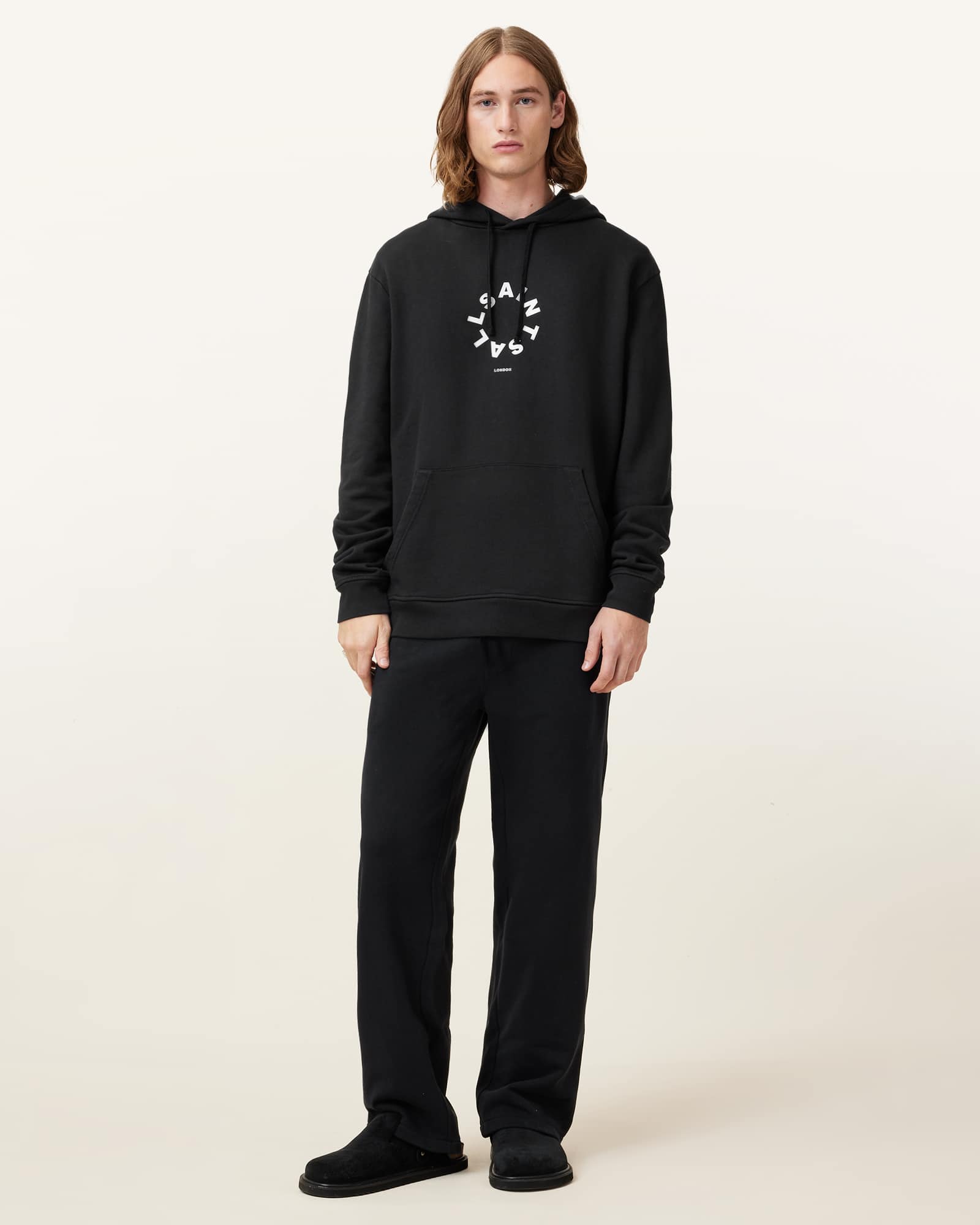 All Saints Tierra Pullover Circle Logo Hoodie Jet Black