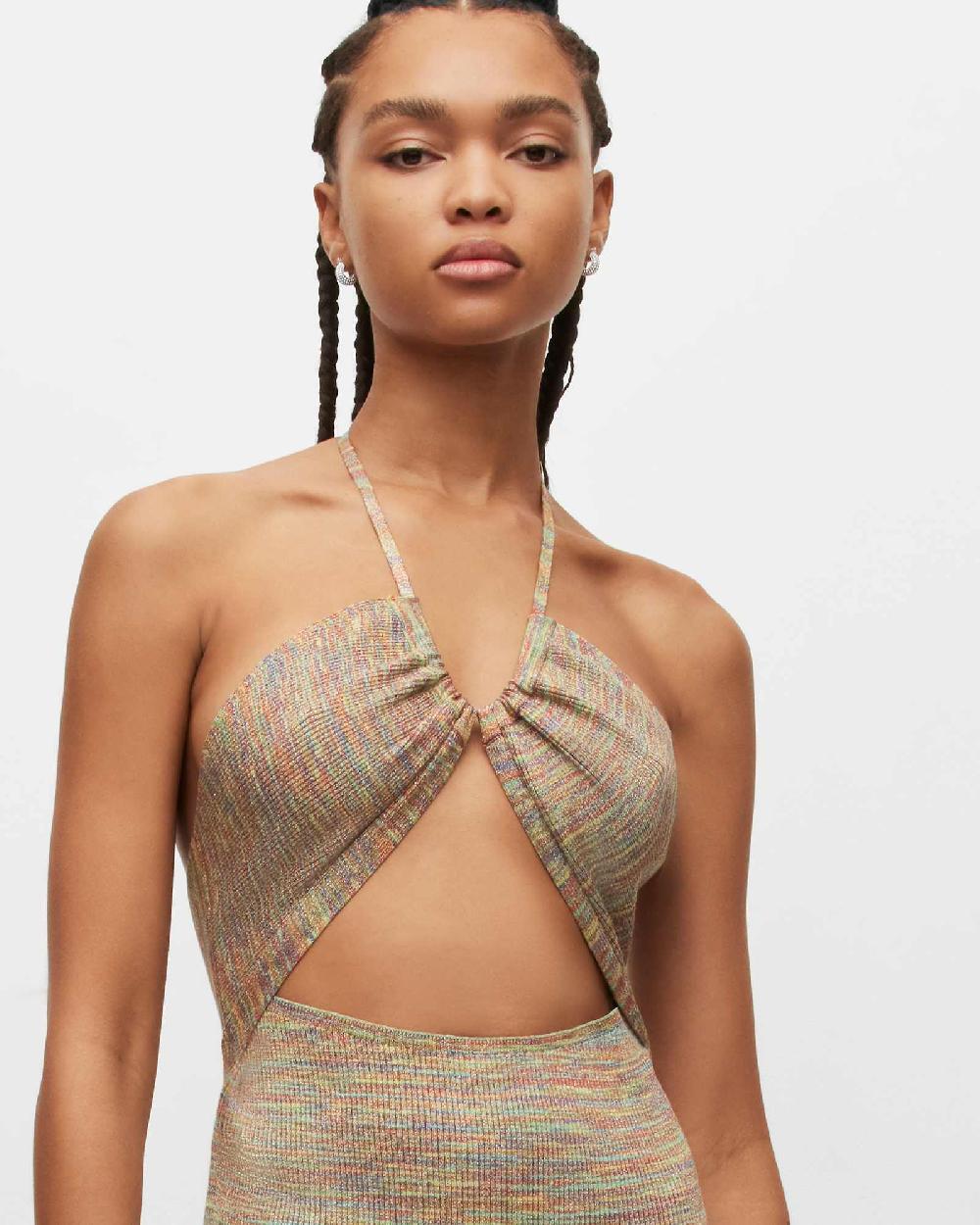 All Saints Toni Rainbow Ribbed Cut-Out Maxi Dress Green Multi