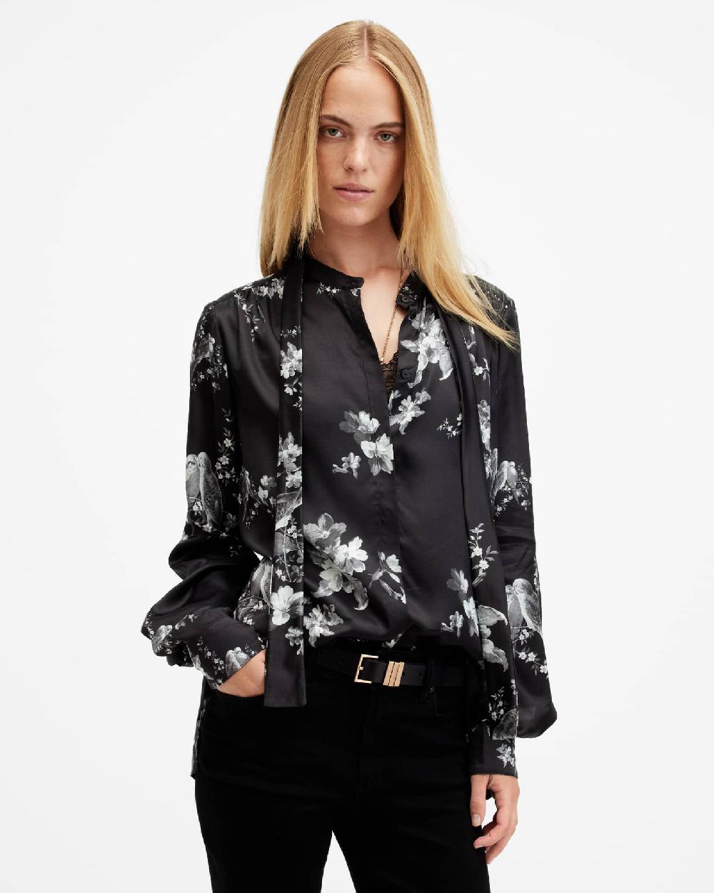 All Saints Toni Silk Blend Iona Printed Shirt Black