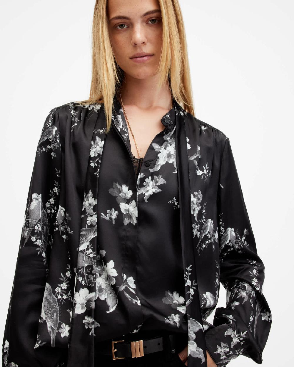 All Saints Toni Silk Blend Iona Printed Shirt Black