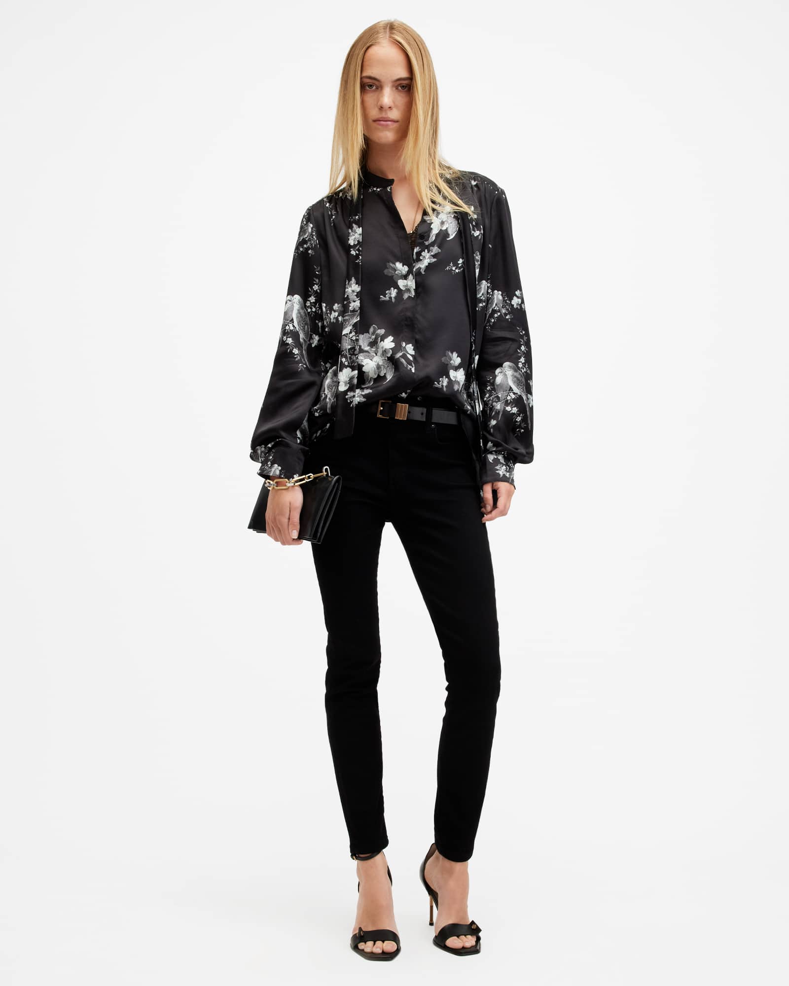 All Saints Toni Silk Blend Iona Printed Shirt Black