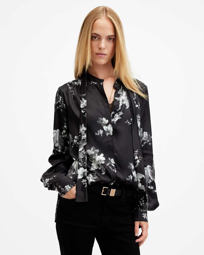 all saints Toni Silk Blend Iona Printed Shirt Black