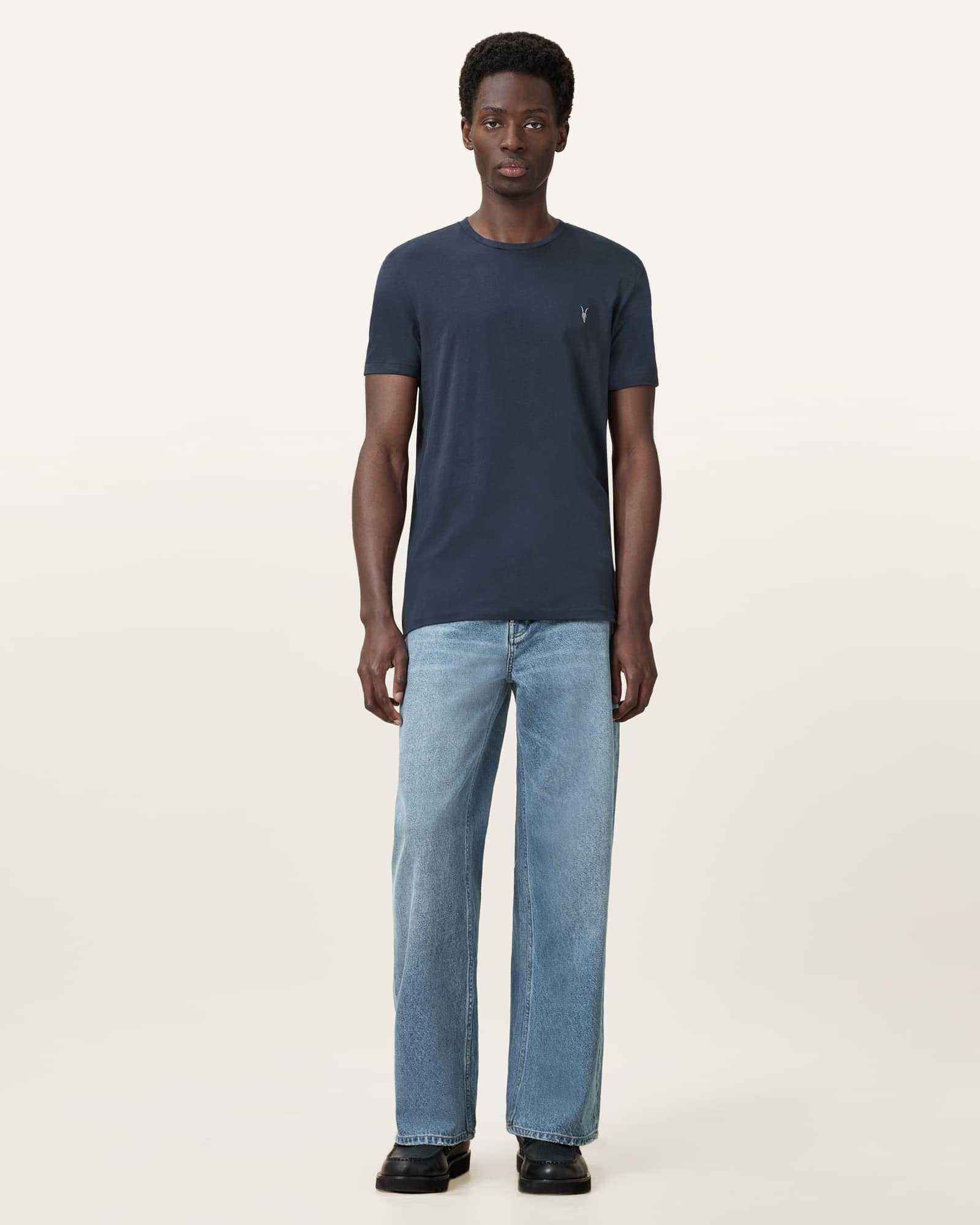 All Saints Tonic Crew Neck Slim Ramskull T-Shirt Navy Blue