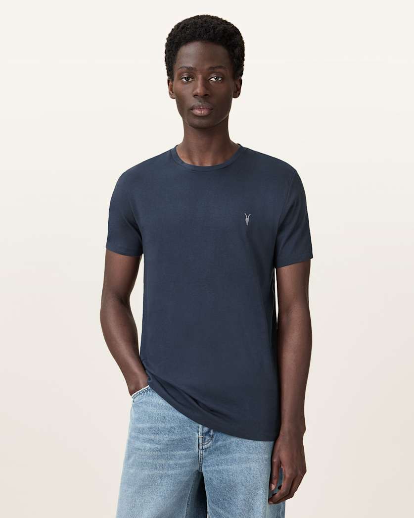 all saints Tonic Crew Neck Slim Ramskull T-Shirt Navy Blue