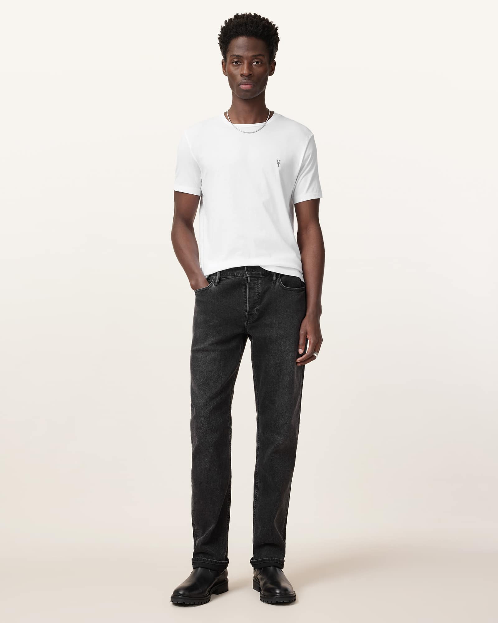 All Saints Tonic Crew Neck Slim Ramskull T-Shirt Optic White