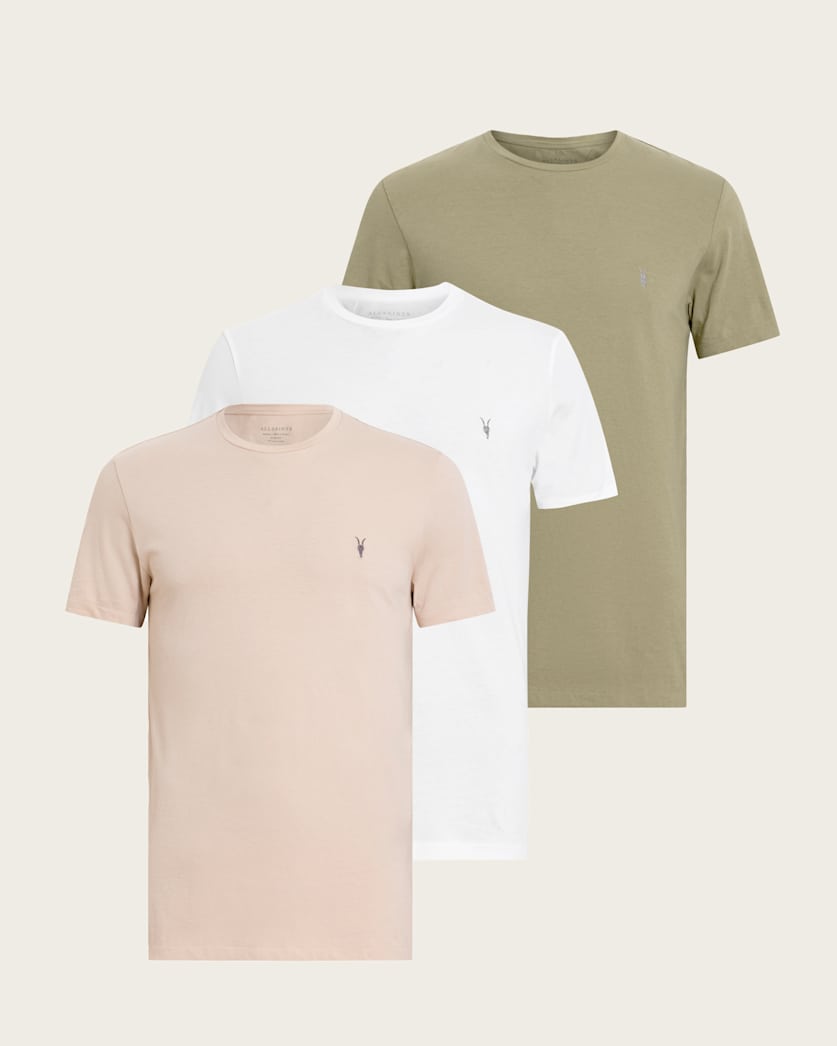 all saints Tonic Crew Ramskull T-Shirts 3 Pack WHITE/BROWN/GREEN