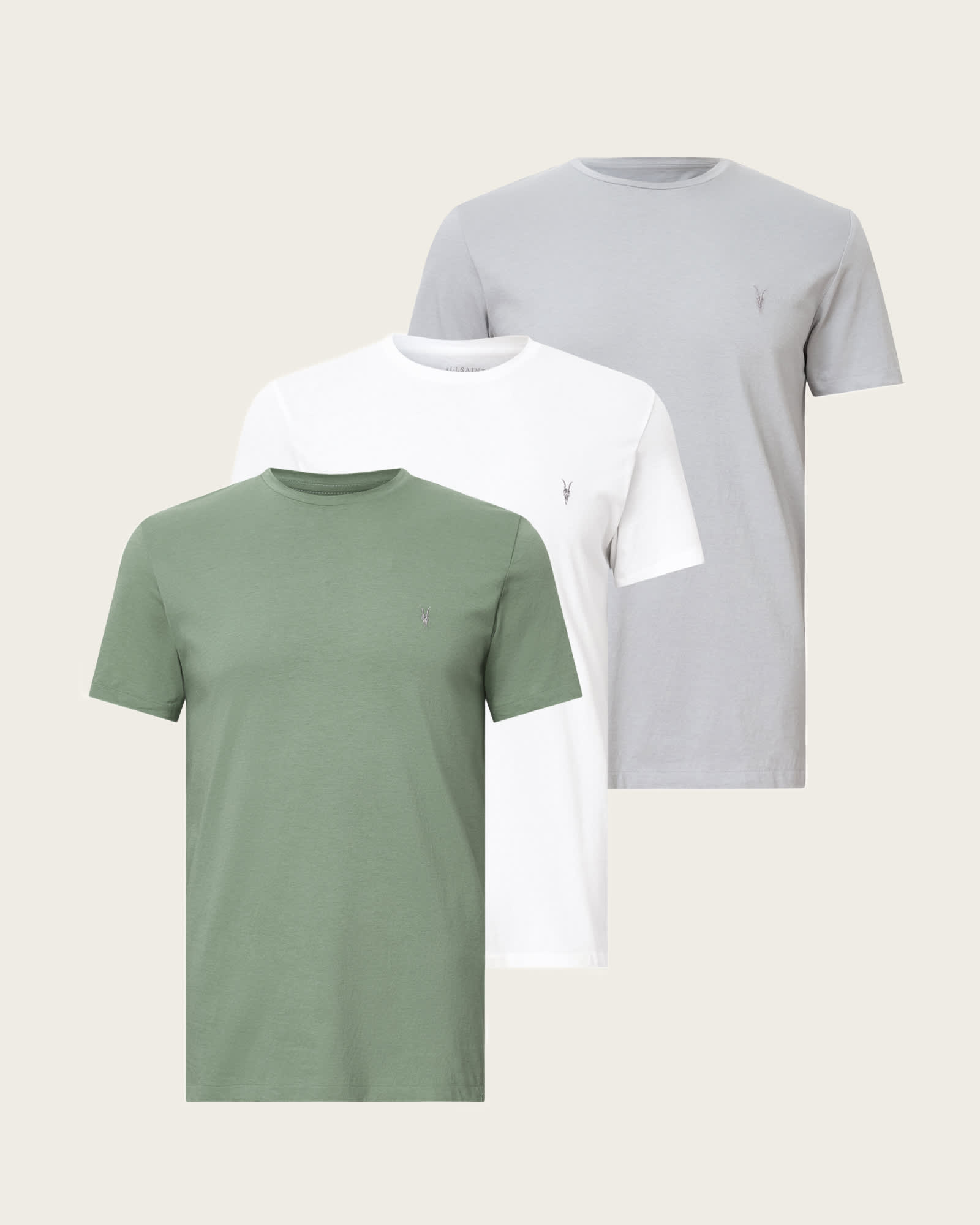 All Saints Tonic Crew Ramskull T-Shirts 3 Pack WHITE/GREEN/GREY