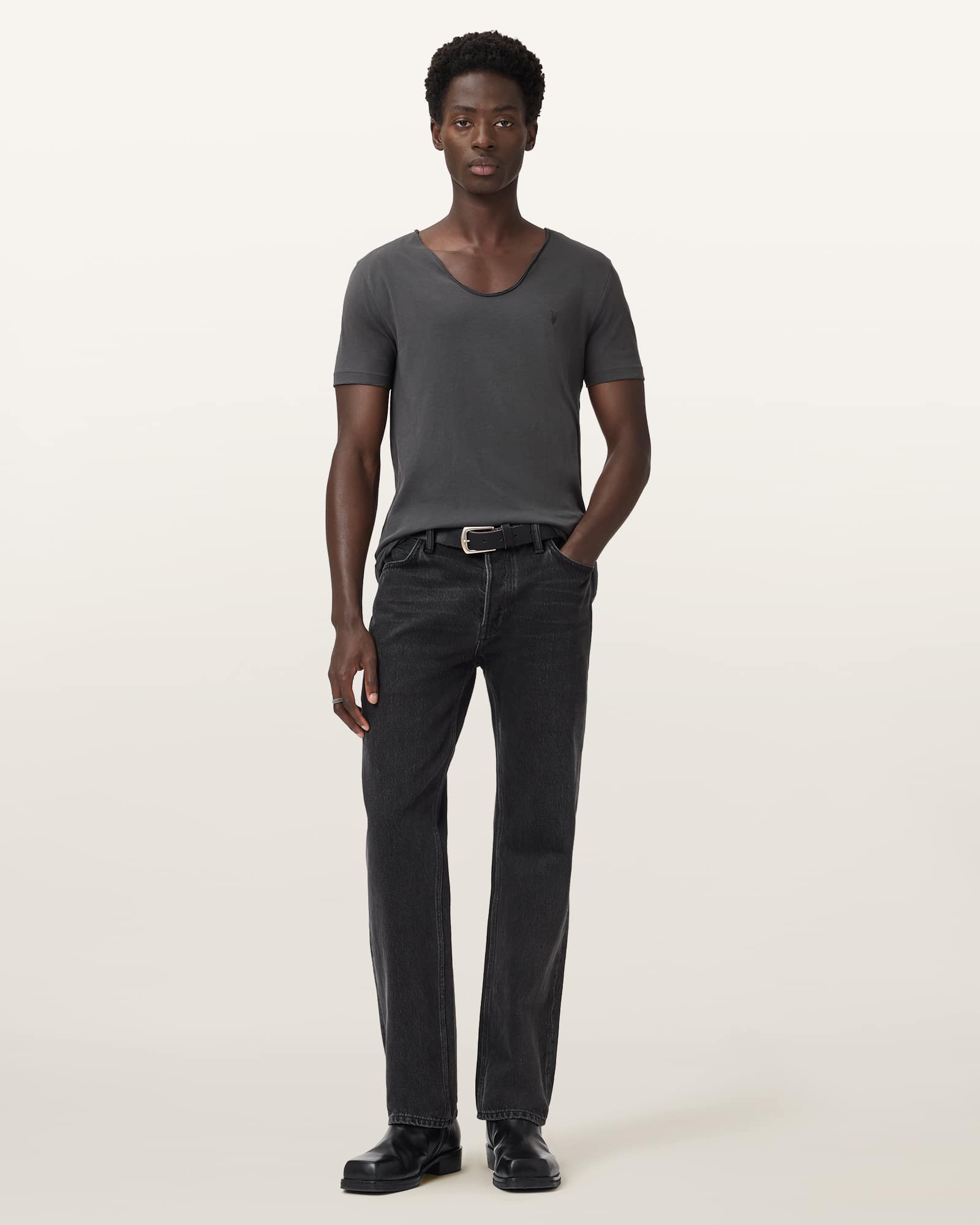 All Saints Tonic Scoop Neck Slim Ramskull T-Shirt Carter Grey