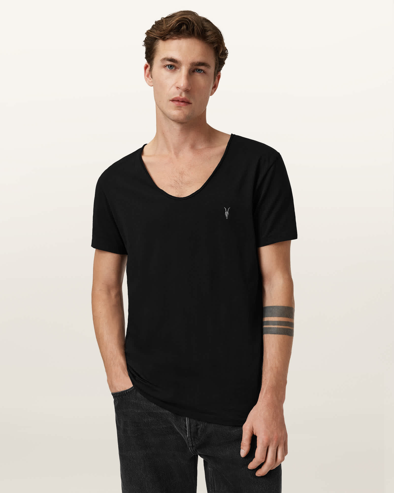 All Saints Tonic Scoop Neck Slim Ramskull T-Shirt Jet Black