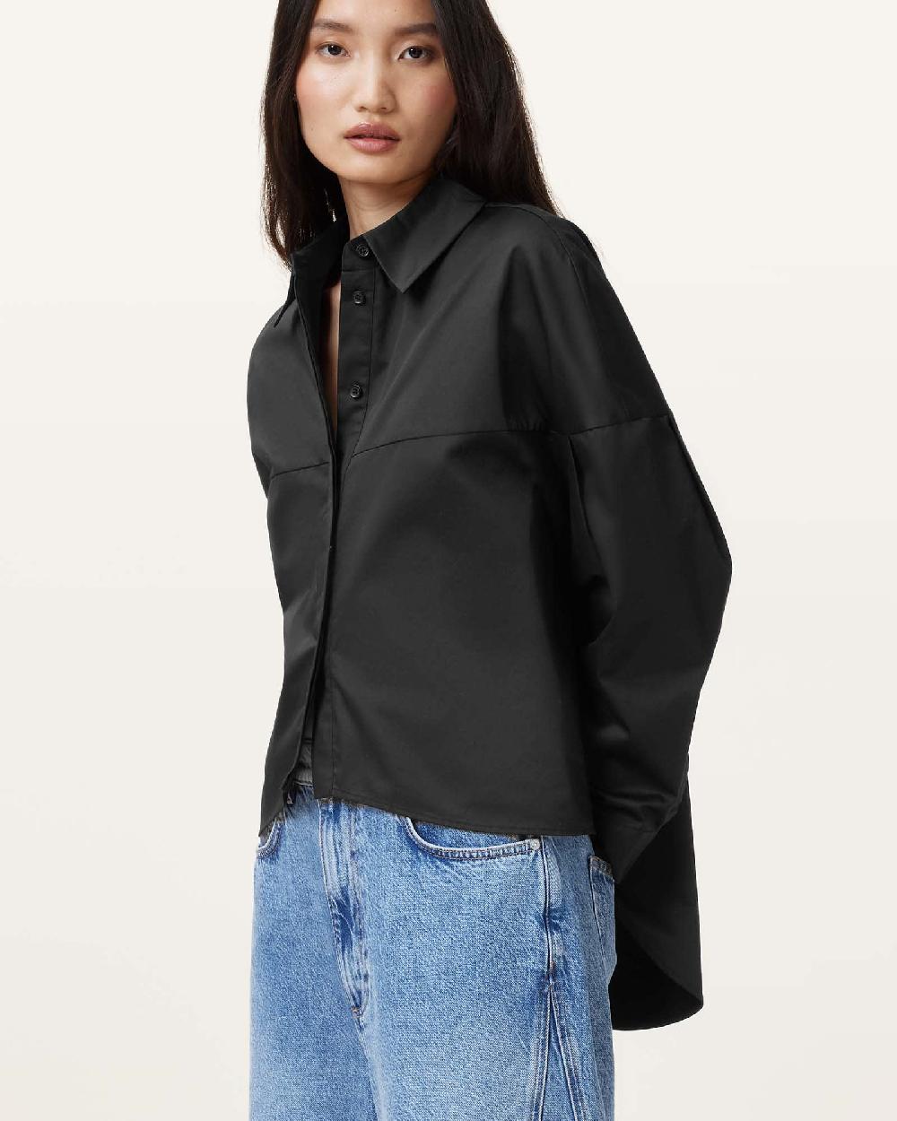 All Saints Toria Organic Cotton Dipped Hem Shirt Black