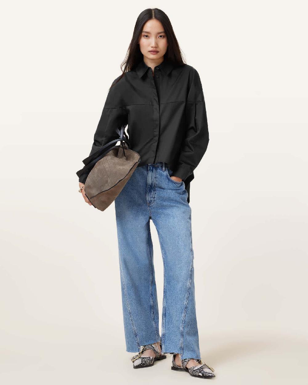 All Saints Toria Organic Cotton Dipped Hem Shirt Black