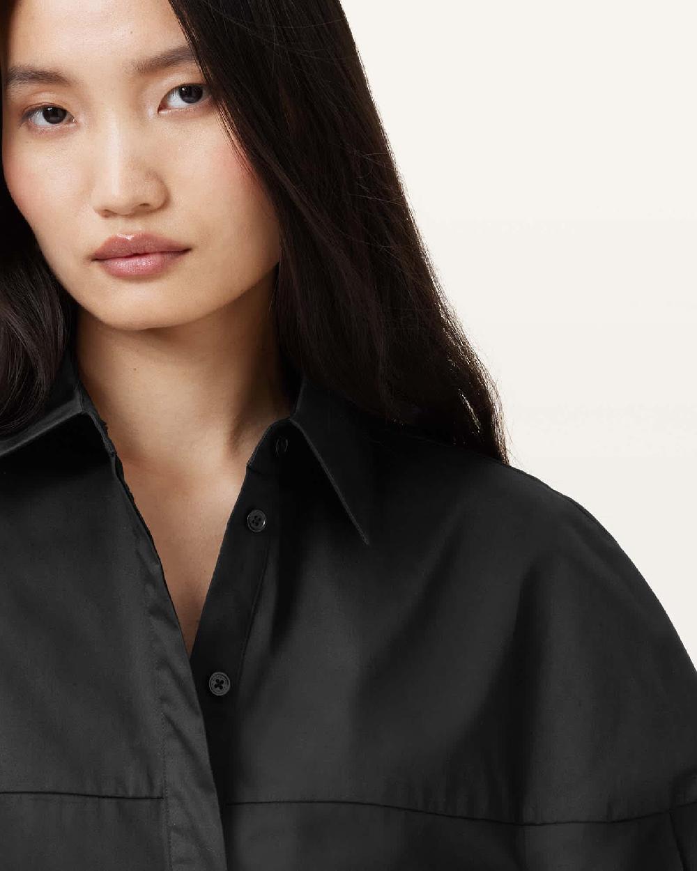 All Saints Toria Organic Cotton Dipped Hem Shirt Black