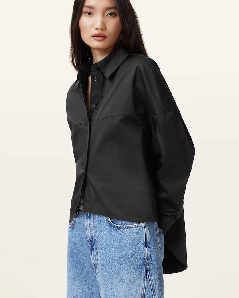 all saints Toria Organic Cotton Dipped Hem Shirt Black