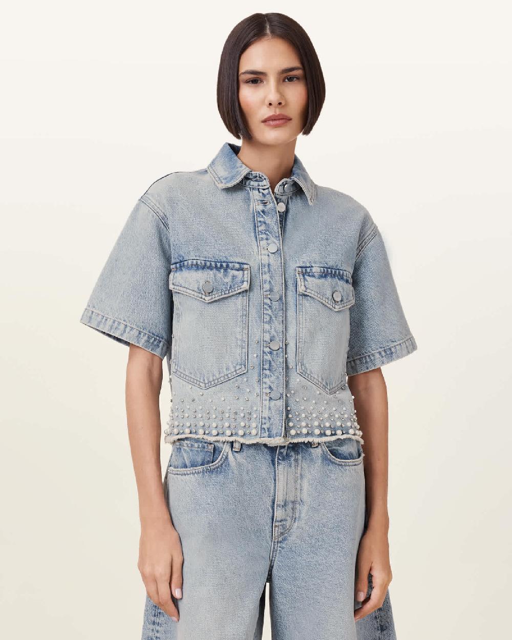 All Saints Tove Embellished Oversized Denim Shirt Light Indigo