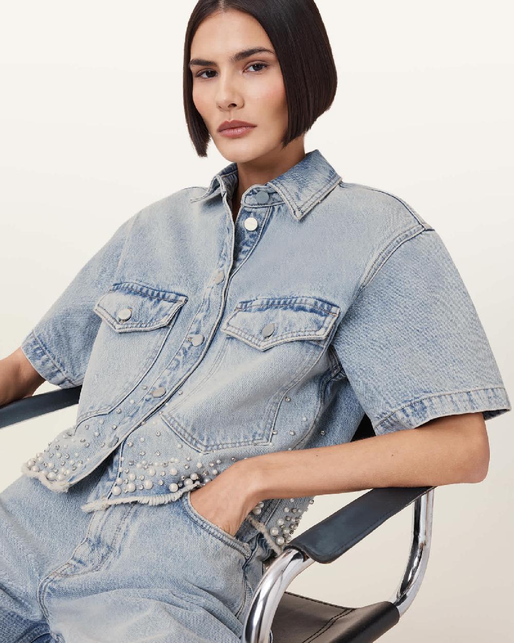 All Saints Tove Embellished Oversized Denim Shirt Light Indigo
