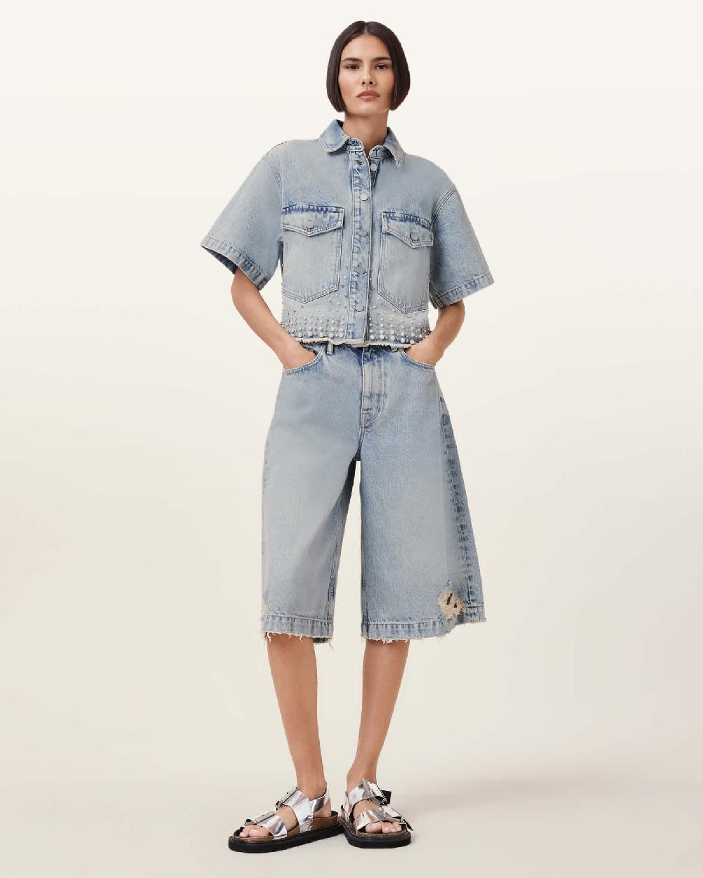 All Saints Tove Embellished Oversized Denim Shirt Light Indigo