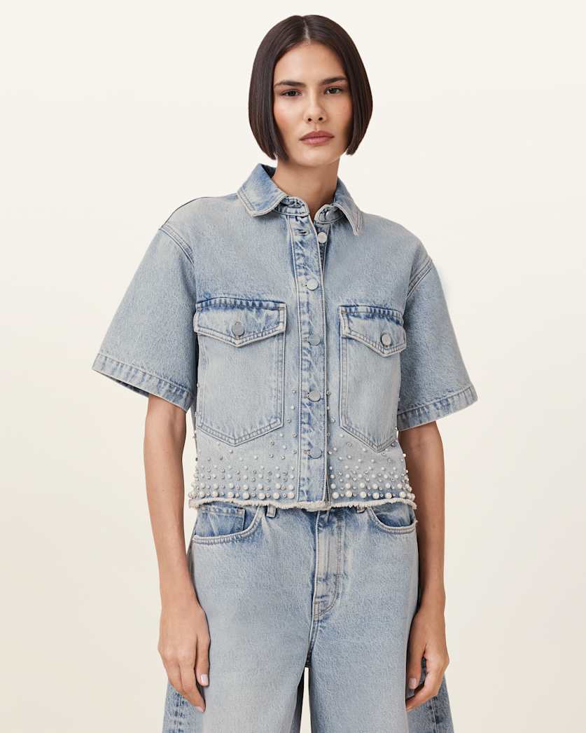 all saints Tove Embellished Oversized Denim Shirt Light Indigo