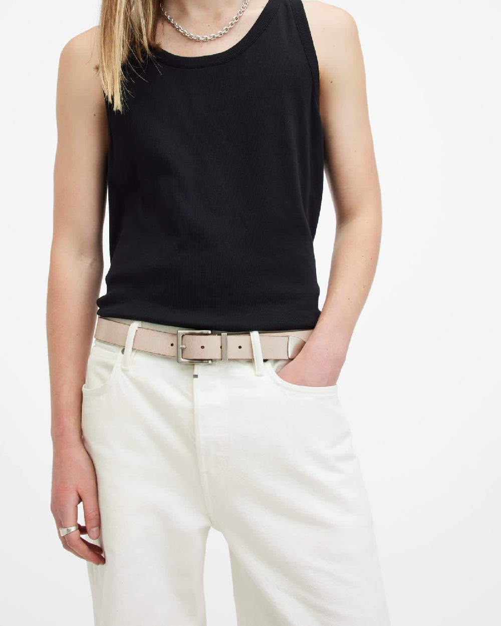 All Saints Trey Leather Metal Tip Belt CREAM/DULL NICKEL