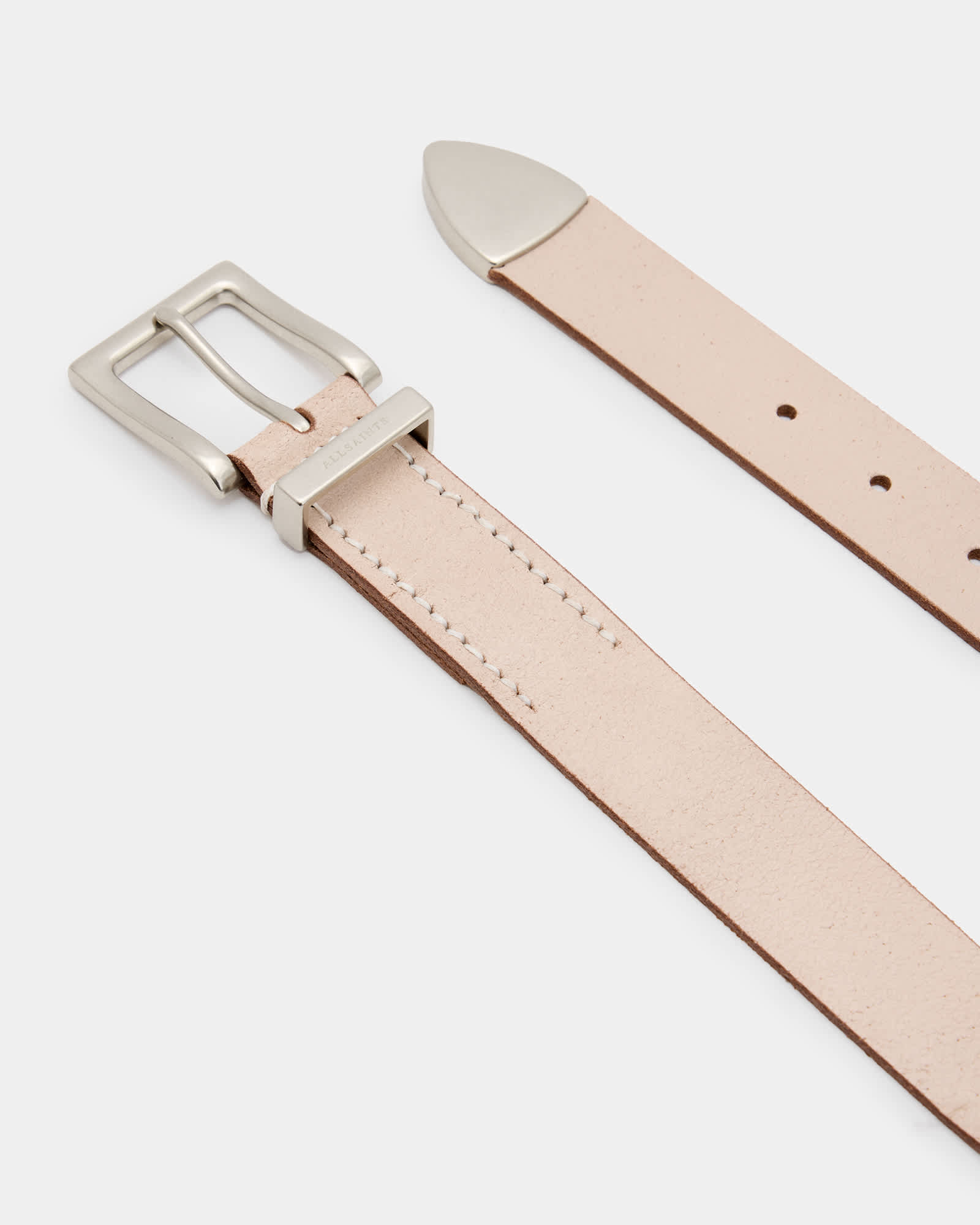 All Saints Trey Leather Metal Tip Belt CREAM/DULL NICKEL