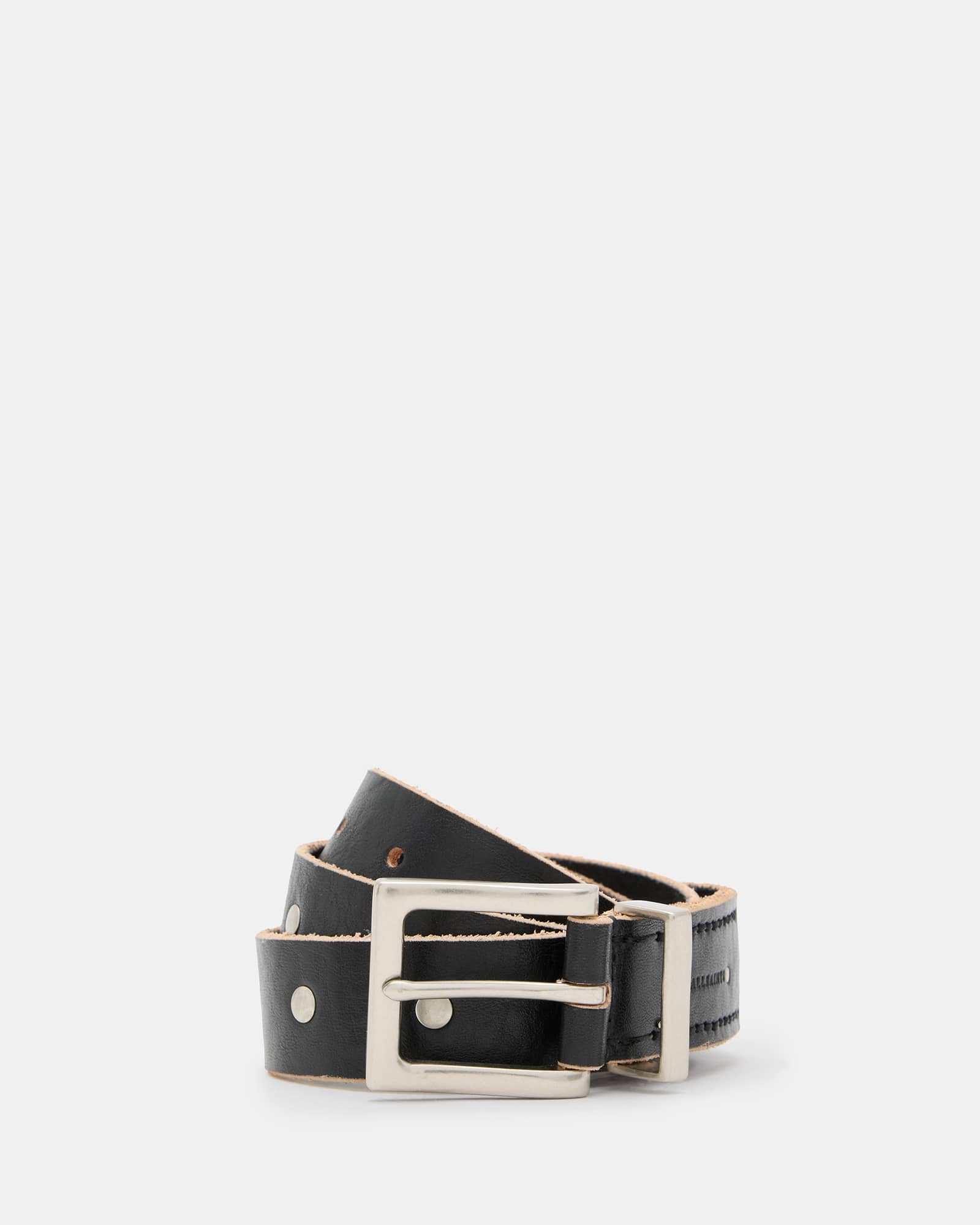 All Saints Trey Studded Leather Metal Tip Belt BLACK/DULL NICKEL