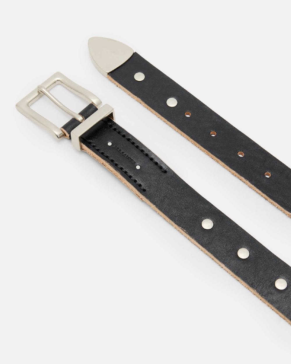 All Saints Trey Studded Leather Metal Tip Belt BLACK/DULL NICKEL