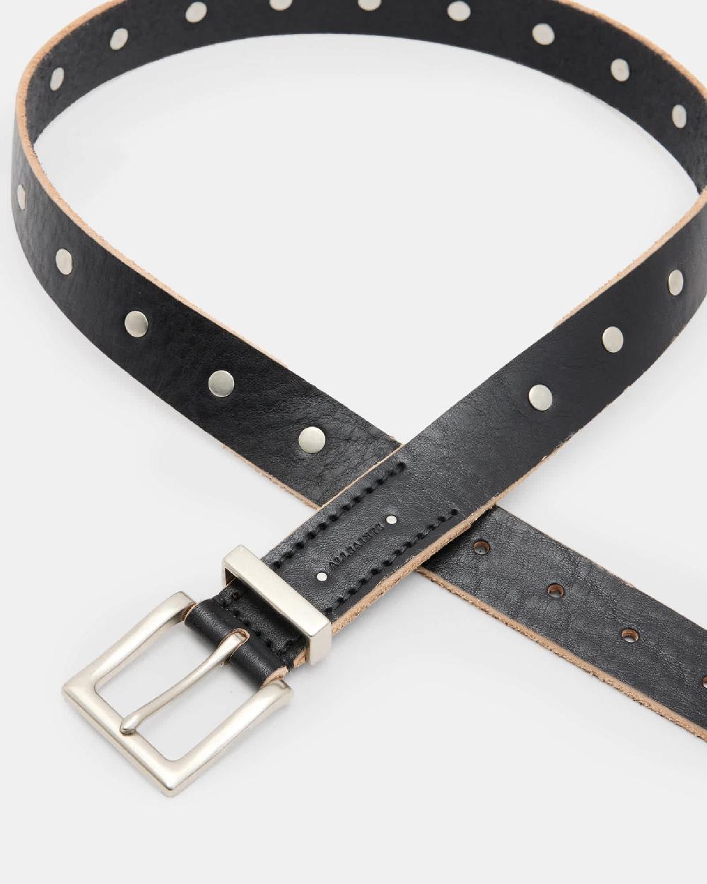 All Saints Trey Studded Leather Metal Tip Belt BLACK/DULL NICKEL