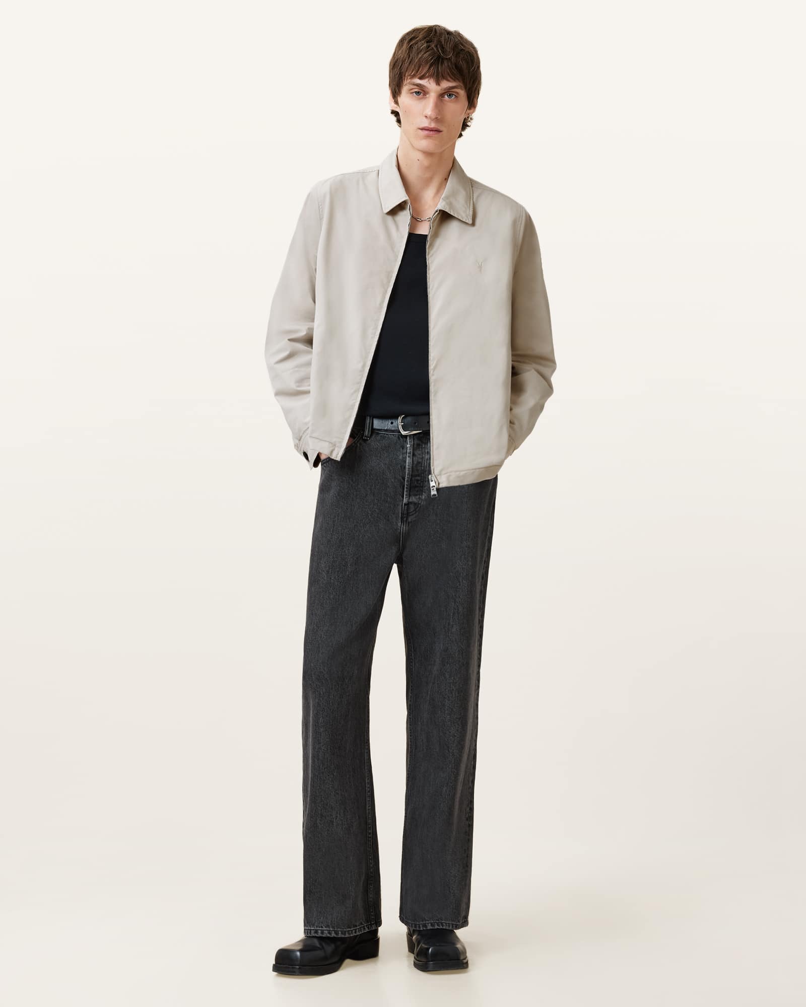 All Saints Trey Taupe Ramskull Pointed Collar Jacket Feather Taupe