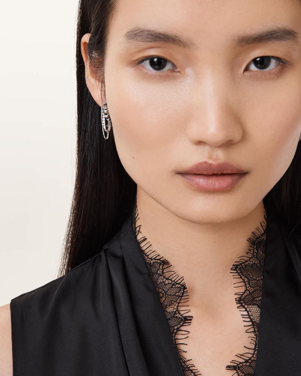 All Saints Trudy Small Chain Hoop Earrings WARM SILVER/CRYSTL