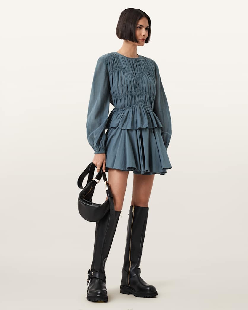 all saints Tulip Blue Cotton Mini Skirt DARK SLATE BLUE