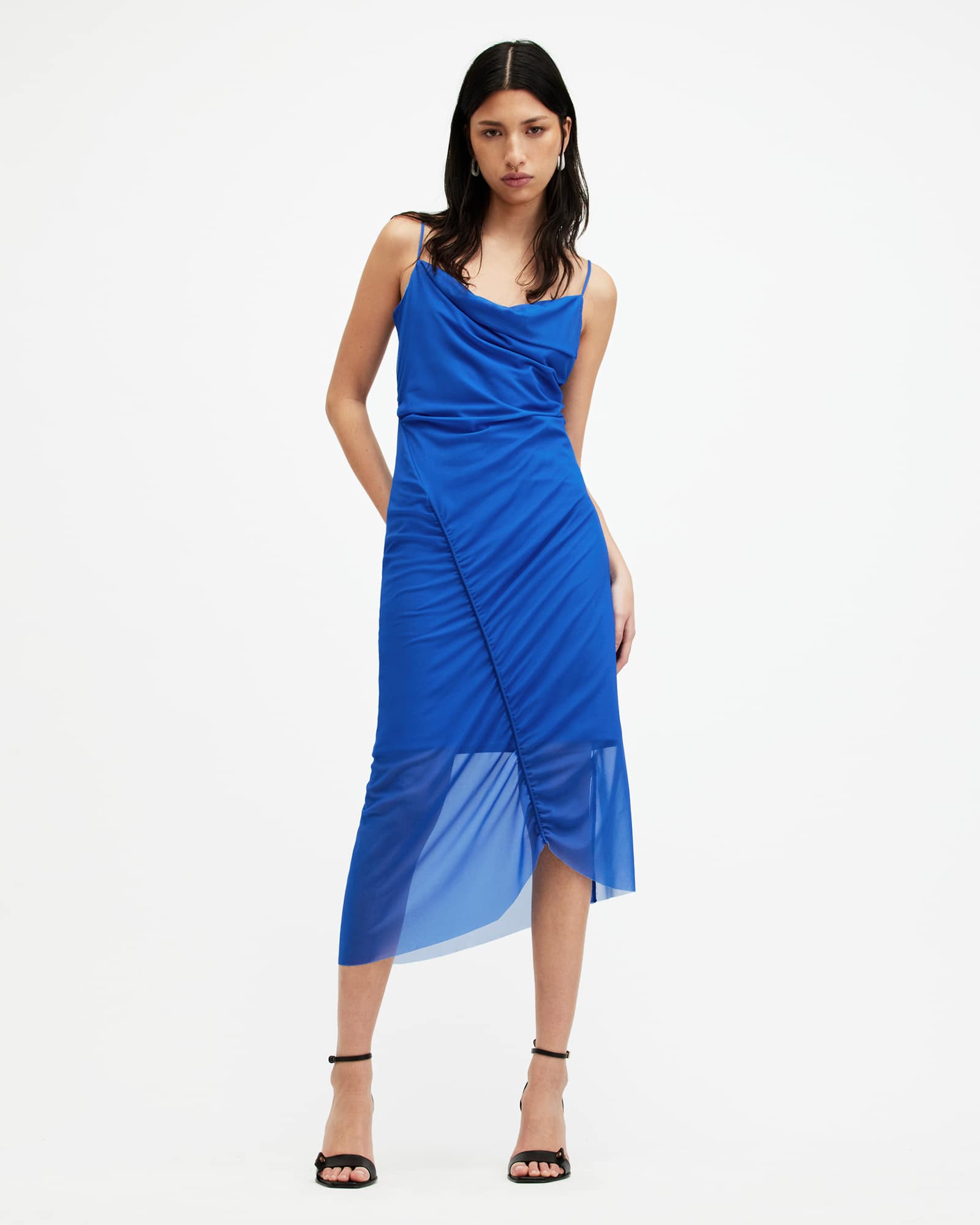 All Saints Ulla Mesh Draped Midi Dress Electric Blue