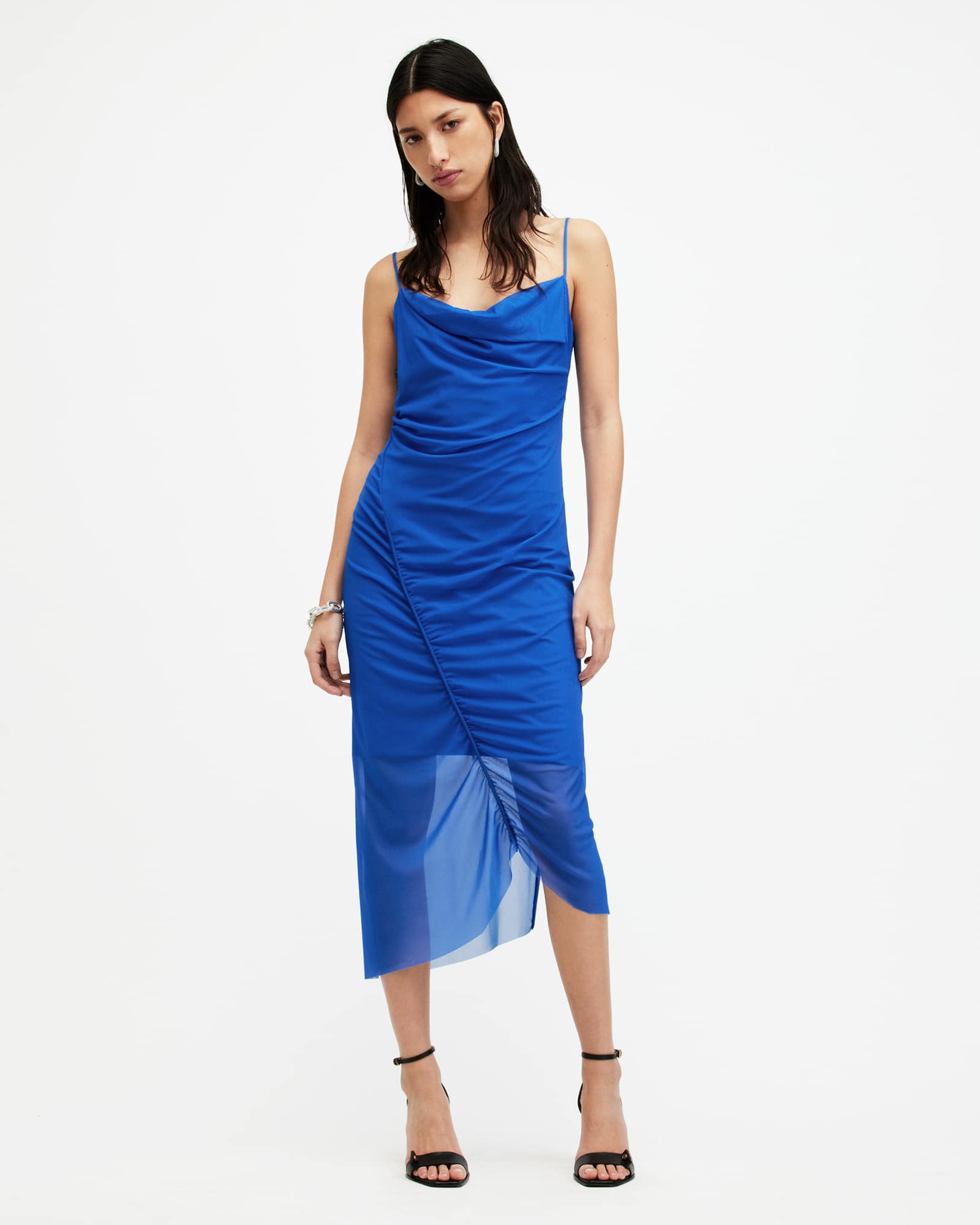 All Saints Ulla Mesh Draped Midi Dress Electric Blue