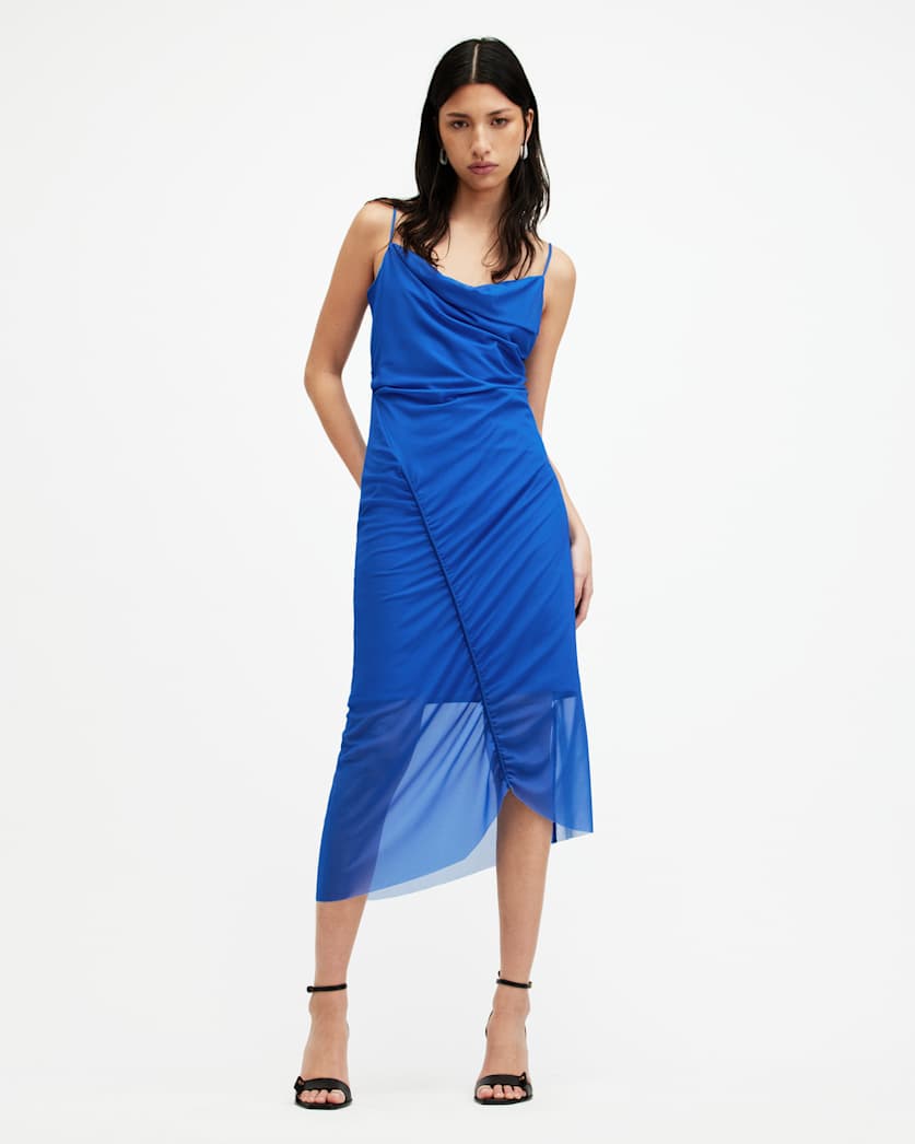 all saints Ulla Mesh Draped Midi Dress Electric Blue