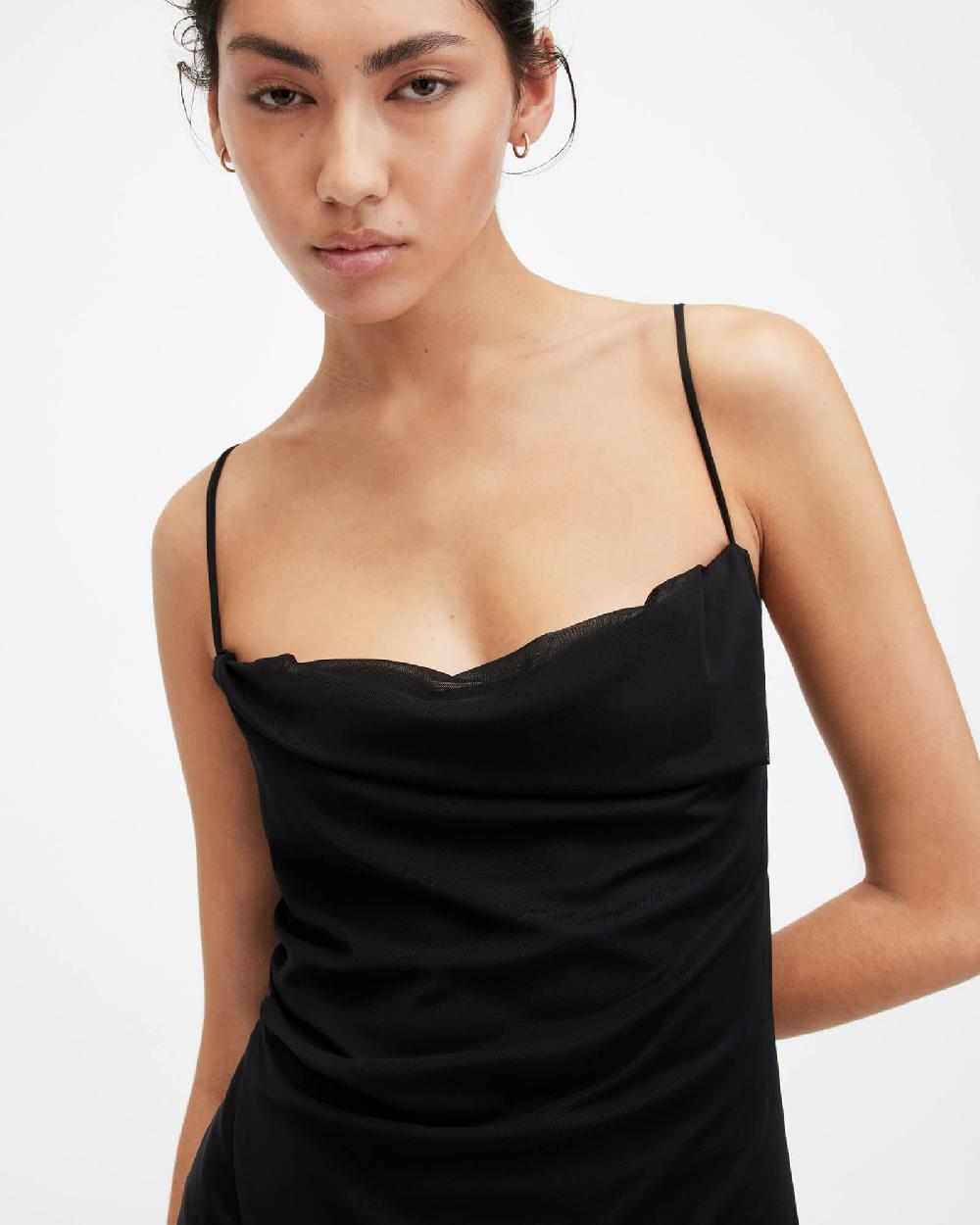 All Saints Ulla Mesh Draped Slim Fit Midi Dress Black