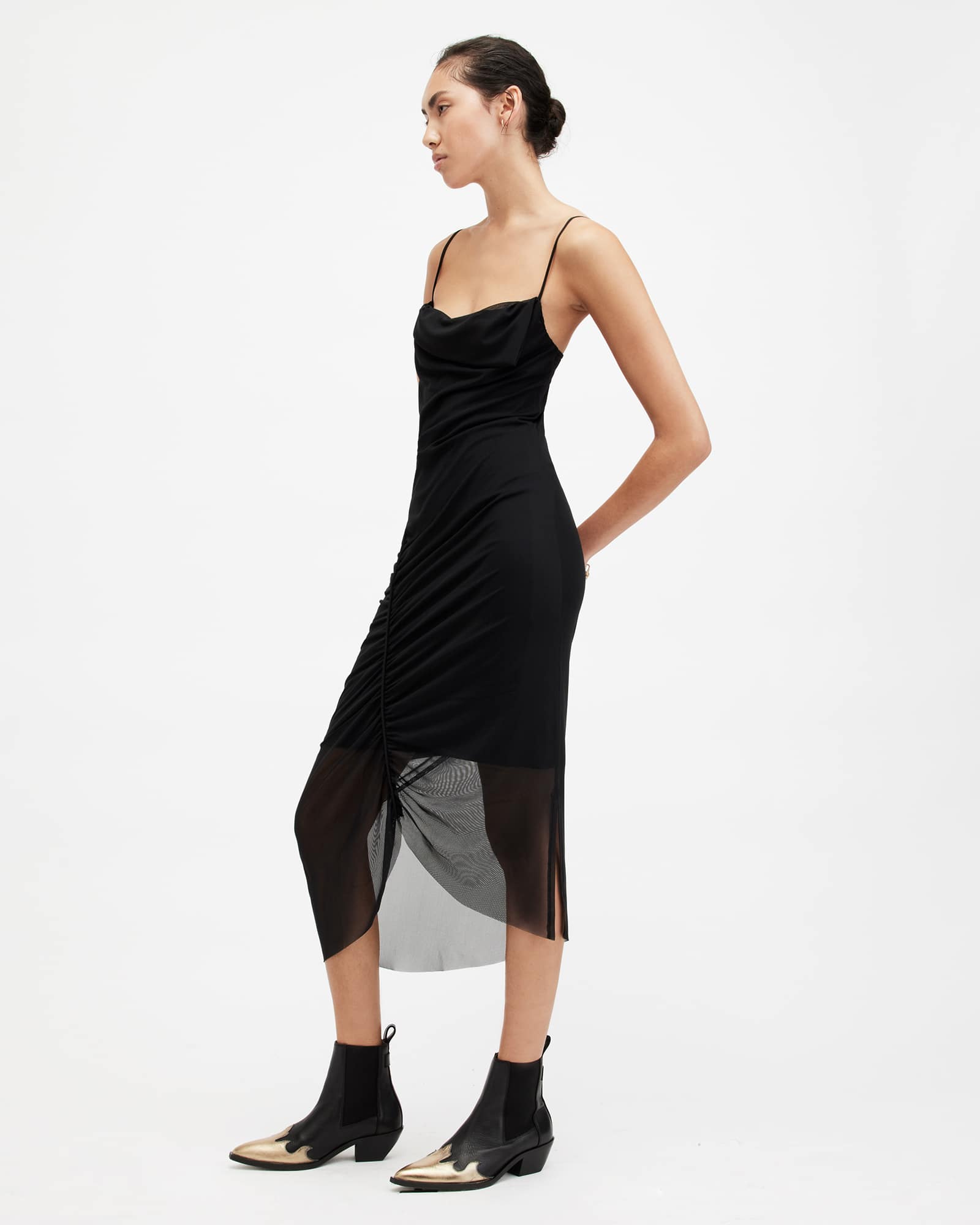 All Saints Ulla Mesh Draped Slim Fit Midi Dress Black