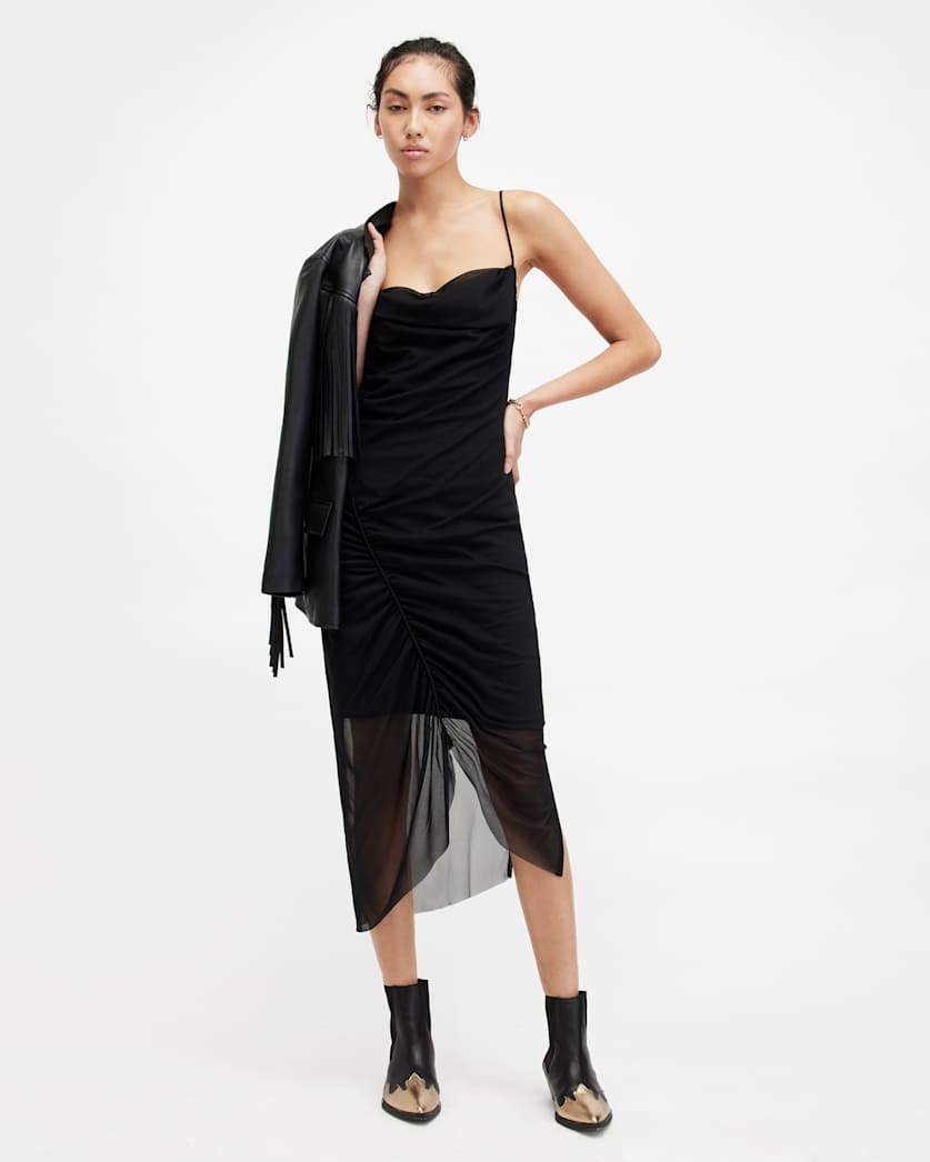 all saints Ulla Mesh Draped Slim Fit Midi Dress Black