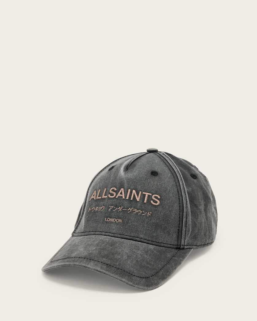 all saints Underground Logo Print Baseball Cap Washed Black/Pink