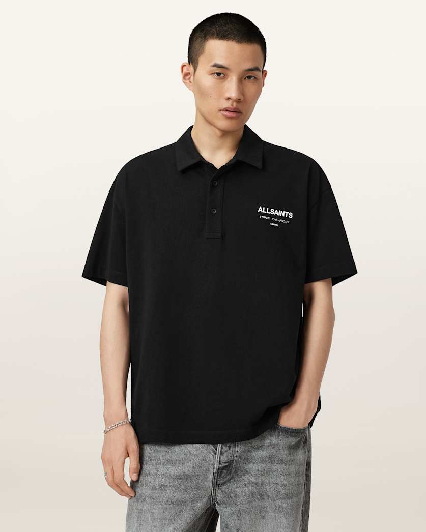 all saints Underground Logo Relaxed Fit Polo Shirt Jet Black