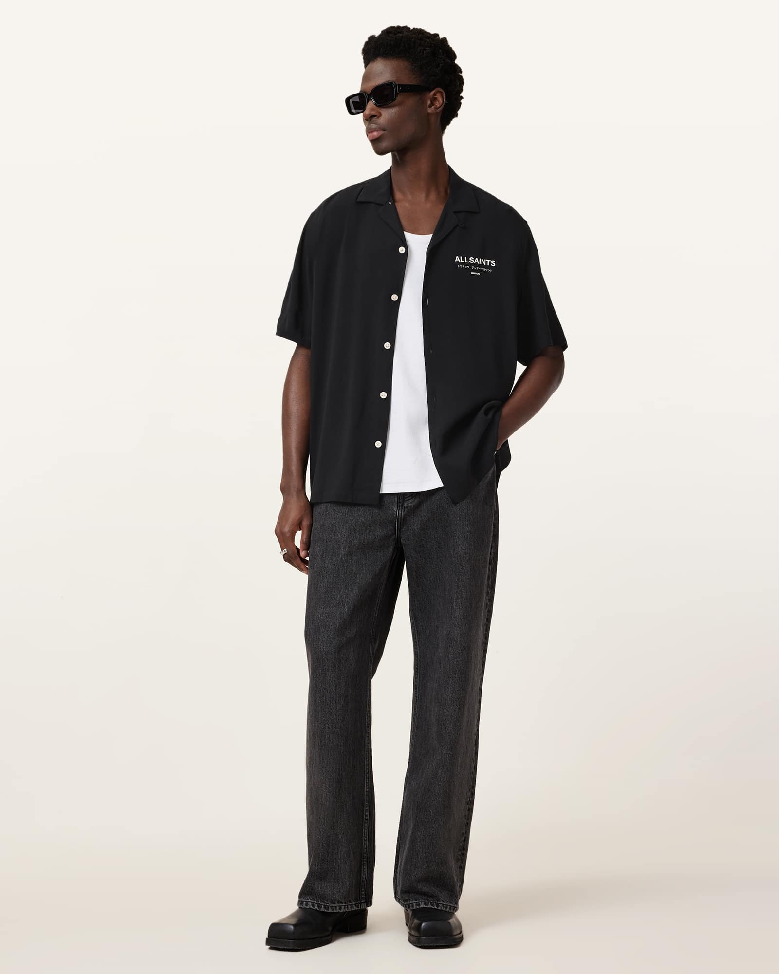 All Saints Underground Logo Relaxed Fit Shirt JET BLACK/ECRU