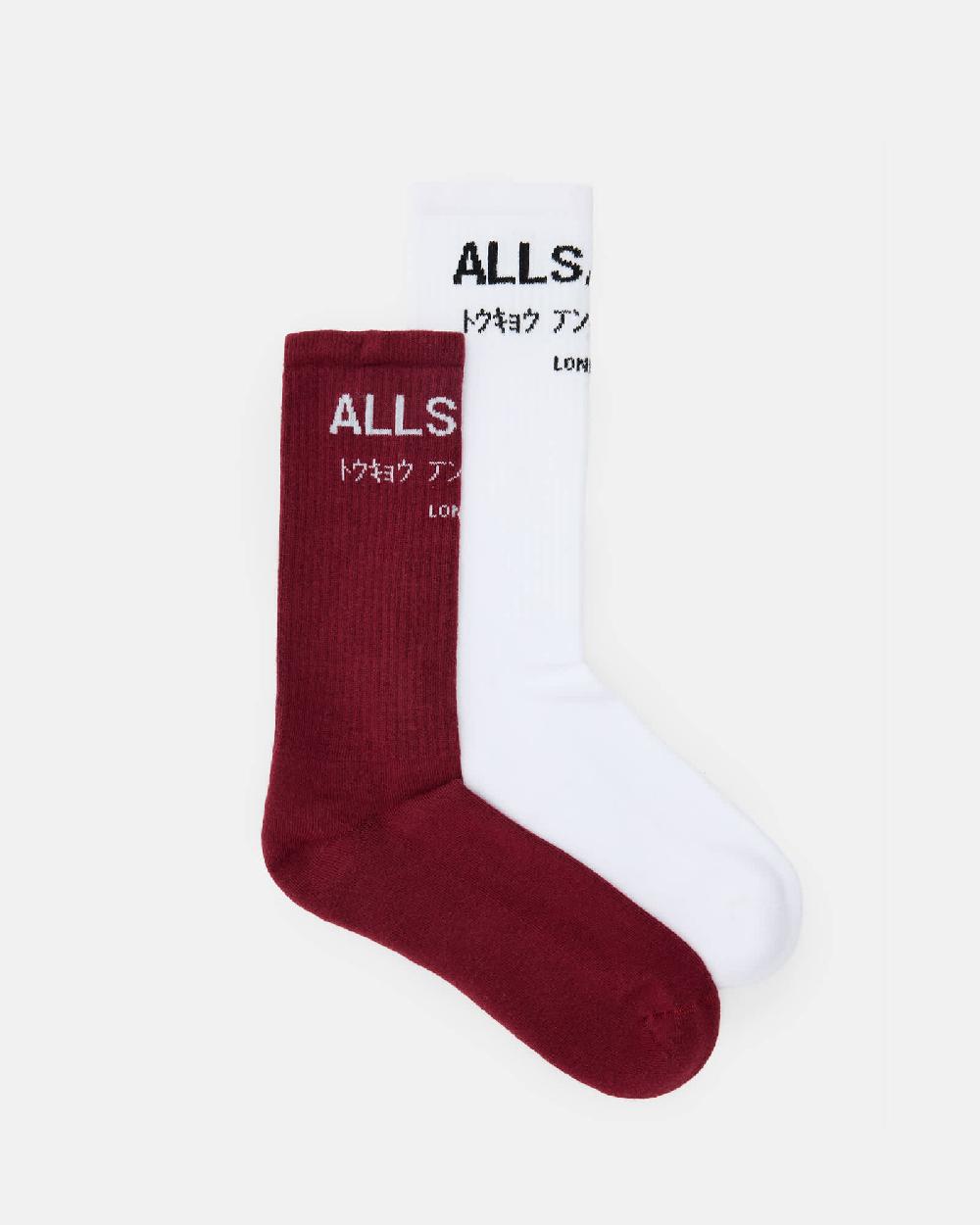 All Saints Underground Logo Socks 2 Pack WINEHOUS RED/WHITE