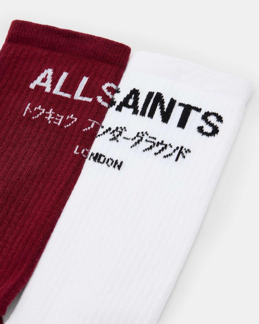 All Saints Underground Logo Socks 2 Pack WINEHOUS RED/WHITE