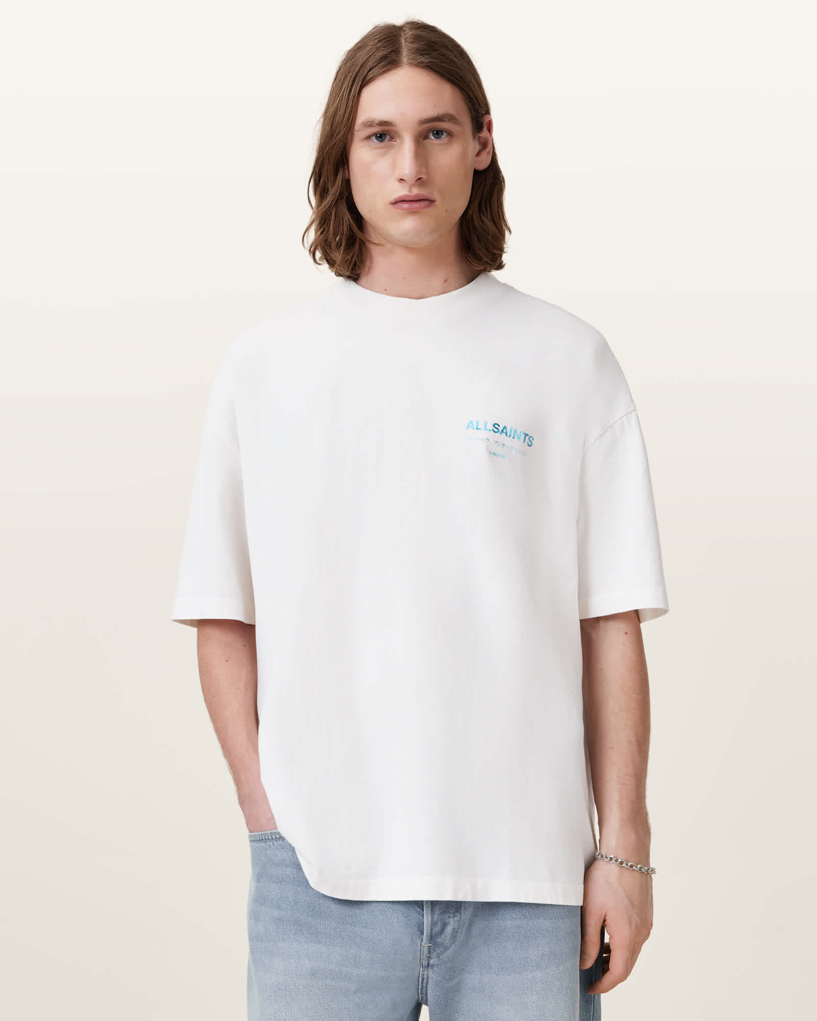 All Saints Underground Oversized Crew Neck T-Shirt ASHEN WHITE/BLUE