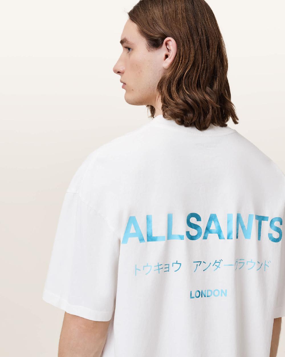 All Saints Underground Oversized Crew Neck T-Shirt ASHEN WHITE/BLUE