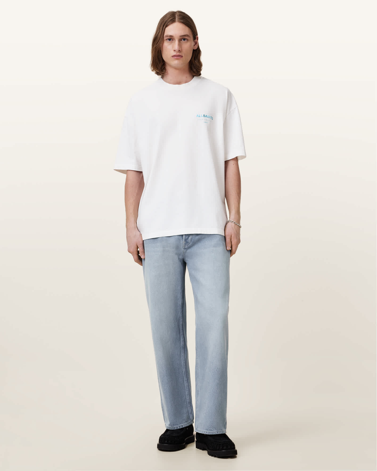 All Saints Underground Oversized Crew Neck T-Shirt ASHEN WHITE/BLUE