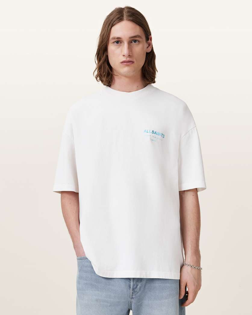 all saints Underground Oversized Crew Neck T-Shirt ASHEN WHITE/BLUE