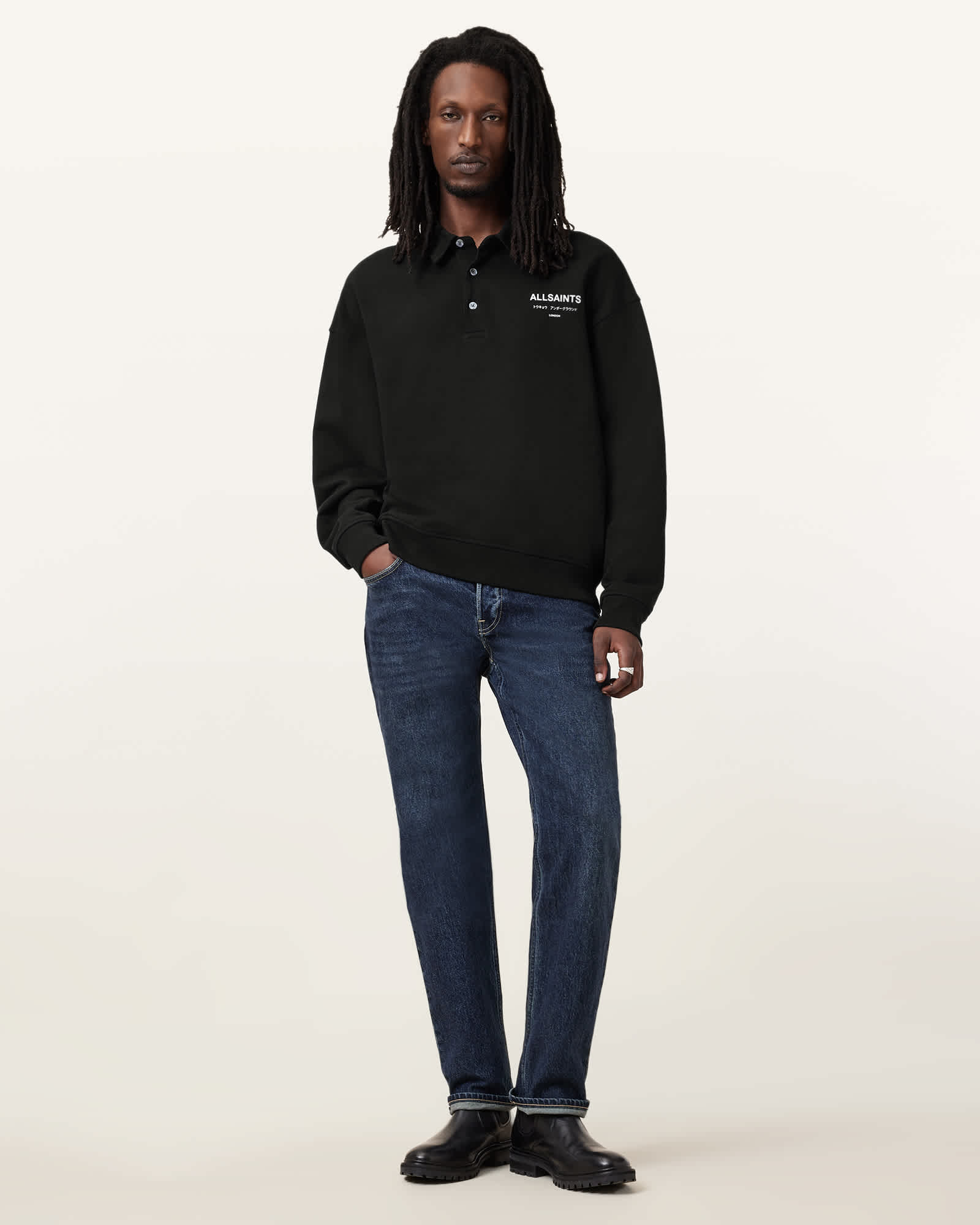 All Saints Underground Oversized Fit Polo Neck Sweatshirt Jet Black